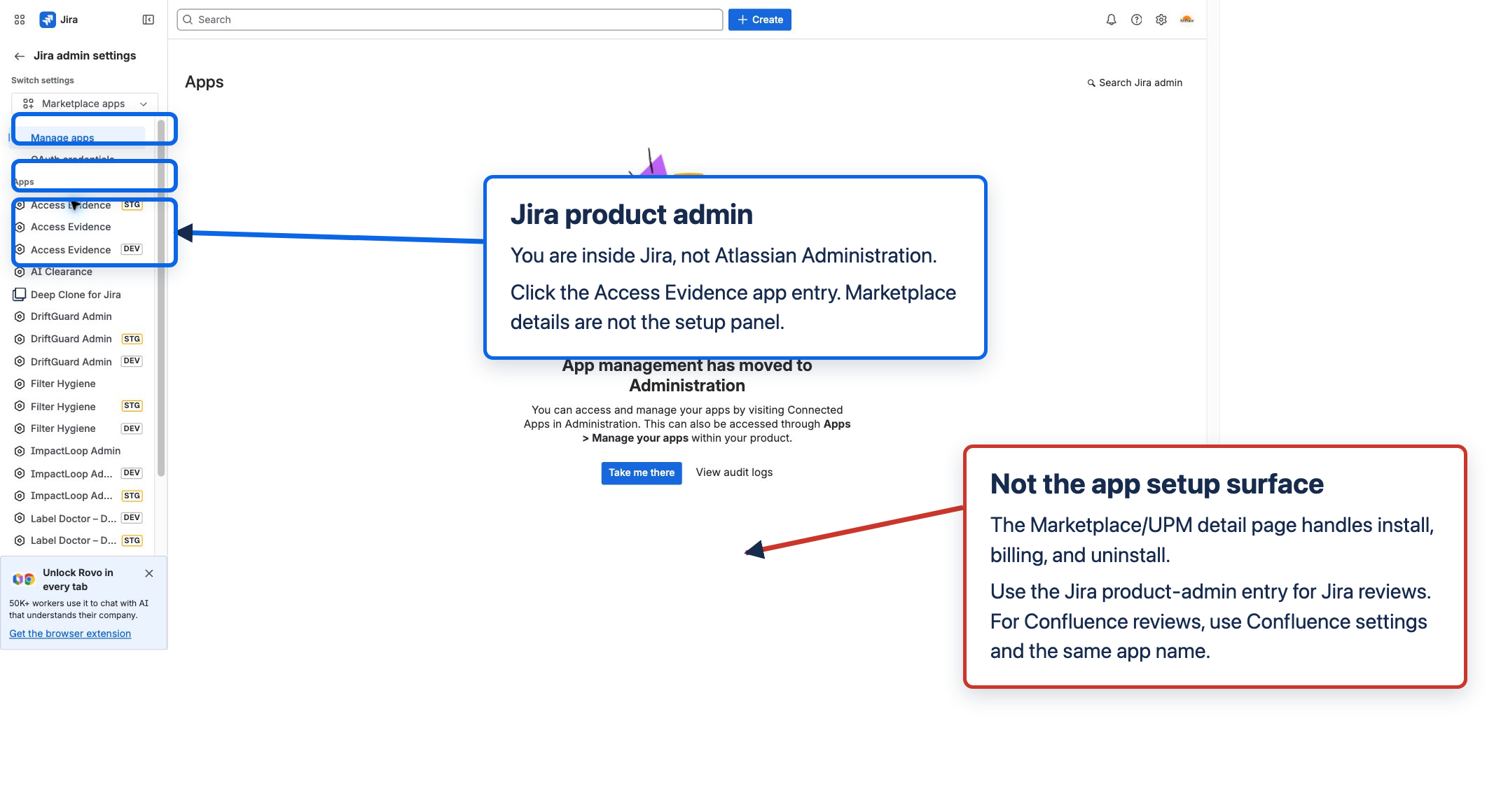 Jira product admin showing Access Evidence app entries under Apps and explaining that Marketplace details are not the review setup panel.